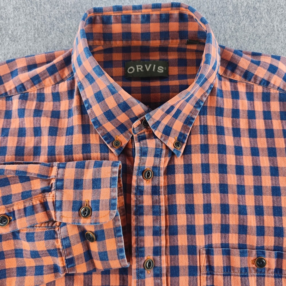 Orvis Button Down Mens Large Orange Blue Plaid Gingham Long Sleeve Shirt